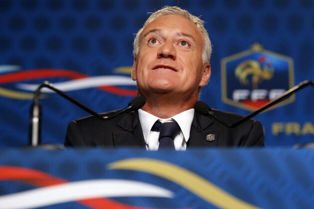 France's soccer head coach Didier Deschamps ponders a question during the press conference announcing the French squad for the World Cup in Brazil, after the evening news broadcast at the studios of French TV channel TF1 in Boulogne-Billancourt, near Paris, Tuesday, May 13, 2014. (AP Photo/Francois Mori)