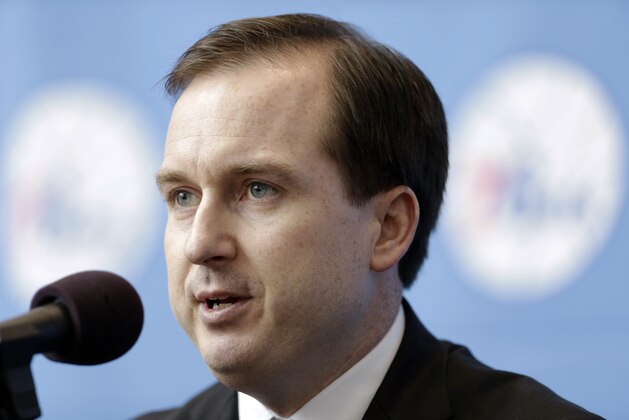 Philadelphia 76ers general manager Sam Hinkie, speaks during a news conference Wednesday, Aug. 14, 2013, in Philadelphia. The NBA basketball team announced the hiring of Brett Brown as coach. (AP Photo/Matt Rourke)