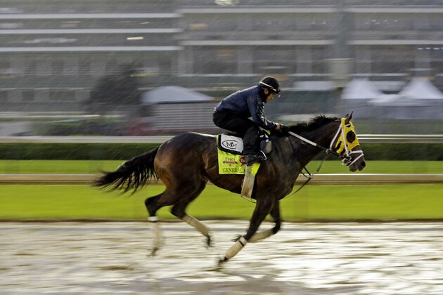 Exercise rider Joel Barrientos takes Kentucky Derby hopeful General a Rod for a morning workout at Churchill Downs Monday, April 28, 2014, in Louisville, Ky. (AP Photo/Morry Gash)