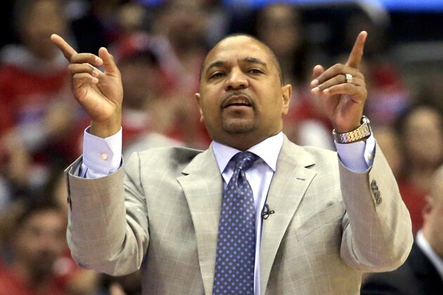 FILE - In this Monday, April 21, 2014, file photo,  Golden State Warriors head coach Mark Jackson directs his team during the second half in Game 2 of an opening-round NBA basketball playoff series in Los Angeles. The Warriors fired Jackson on Tuesday, May 6, 2014. Jackson's three seasons with the Warriors will be remembered for the way he helped turn a perennially losing franchise into a consistent winner and the bold and bombastic way in which he did it.  (AP Photo/Chris Carlson, File0