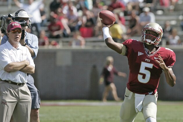 Floida State head coach Jimbo Fisher, left, watches as quarterback Jameis Winston attempts a pass in the first half of  an NCAA college spring football game on Saturday, April 12, 2014, in Tallahassee, Fla. (AP Photo/Steve Cannon)