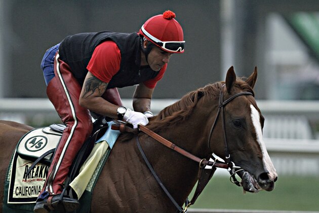 Exercise rider Willie Delgado gallops Kentucky Derby winner and Preakness Stakes hopeful California Chrome at Pimlico Race Course in Baltimore, Md., Wednesday, May 14, 2014. The Preakness Stakes is Saturday, May 17.  (AP Photo/Garry Jones)