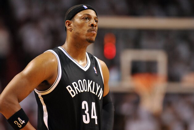 May 8, 2014; Miami, FL, USA; Brooklyn Nets forward Paul Pierce (34) takes a breather during the second half in game two of the second round of the 2014 NBA Playoffs against the Miami Heat at American Airlines Arena. Miami won 94-82. Mandatory Credit: Steve Mitchell-USA TODAY Sports
