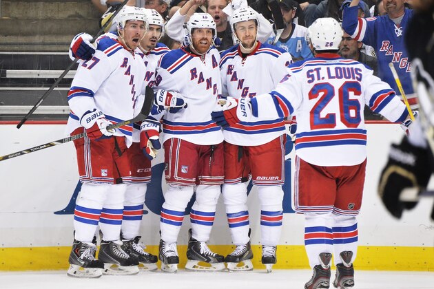 PITTSBURGH, PA - MAY 13:  Ryan McDonagh #27, Chris Kreider #20, Brad Richards #19, Derek Stepan #21 and Martin St. Louis #26, all of the New York Rangers, celebrate Richards' second period power play goal against the Pittsburgh Penguins in Game Seven of the Second Round of the 2014 NHL Stanley Cup Playoffs on May 13, 2014 at CONSOL Energy Center in Pittsburgh, Pennsylvania.  (Photo by Jamie Sabau/Getty Images)