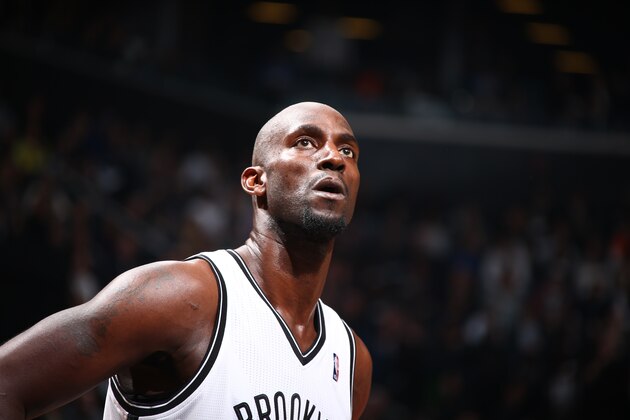 BROOKLYN, NY - APRIL 27: Kevin Garnett #2 of the Brooklyn Nets looks on against the Toronto Raptors during Game Four of the Eastern Conference Quarterfinals  at Barclays Center in Brooklyn. NOTE TO USER: User expressly acknowledges and agrees that, by downloading and or using this photograph, User is consenting to the terms and conditions of the Getty Images License Agreement. Mandatory Copyright Notice: Copyright 2014 NBAE (Photo by Nathaniel S. Butler/NBAE via Getty Images)