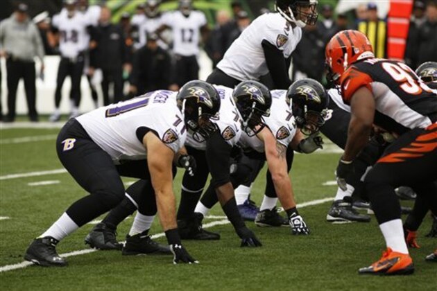 Baltimore Ravens offensive tackle Ricky Wagner (71) lines up against the Cincinnati Bengals in the first half of an NFL football game, Sunday, Dec. 29, 2013, in Cincinnati. (AP Photo/David Kohl)