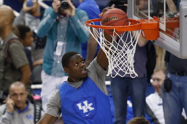 Apr 4, 2014; Arlington, TX, USA; Kentucky Wildcats forward Julius Randle (30) shoots during practice before the semifinals of the Final Four in the 2014 NCAA Mens Division I Championship tournament at AT&T Stadium. Mandatory Credit: Matthew Emmons-USA TODAY Sports