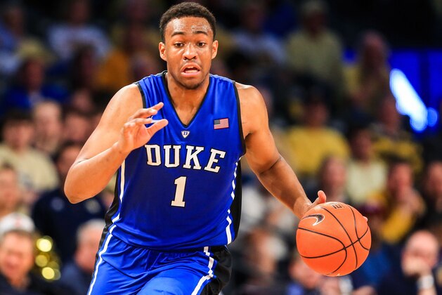Feb 18, 2014; Atlanta, GA, USA; Duke Blue Devils forward Jabari Parker (1) takes the ball down court in the first half against the Georgia Tech Yellow Jackets at Hank McCamish Pavilion. Mandatory Credit: Daniel Shirey-USA TODAY Sports