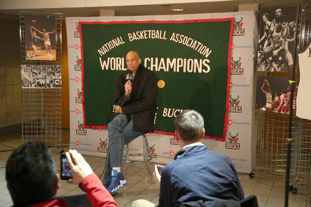 MILWAUKEE, WI - MARCH 3: NBA Hall-of-famer Kareem Abdul-Jabbar speaks during a press conference prior to the game between the Utah Jazz and the Milwaukee Bucks on March 3, 2014 at the BMO Harris Bradley Center in Milwaukee, Wisconsin. NOTE TO USER:  User expressly acknowledges and agrees that, by downloading and or using this Photograph, user is consenting to the terms and conditions of the Getty Images License Agreement.  Mandatory Copyright Notice:  Copyright 2014 NBAE (Photo by Gary Dineen/NBAE via Getty Images)