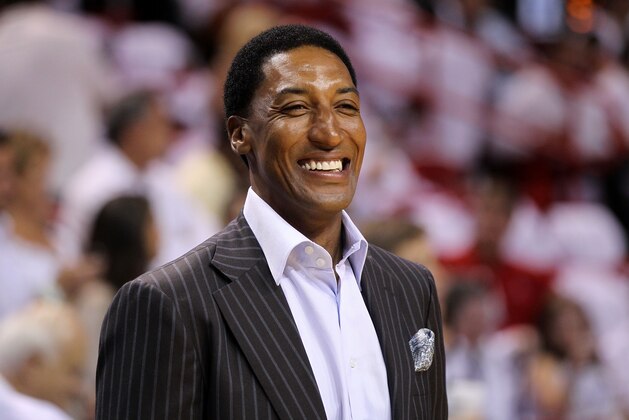 MIAMI, FL - MAY 22:  Former Chicago Bull Scottie Pippen looks on as the Chicago Bulls play against the Miami Heat in Game Three of the Eastern Conference Finals during the 2011 NBA Playoffs on May 22, 2011 at American Airlines Arena in Miami, Florida.  NOTE TO USER: User expressly acknowledges and agrees that, by downloading and or using this photograph, User is consenting to the terms and conditions of the Getty Images License Agreement.  (Photo by Mike Ehrmann/Getty Images)