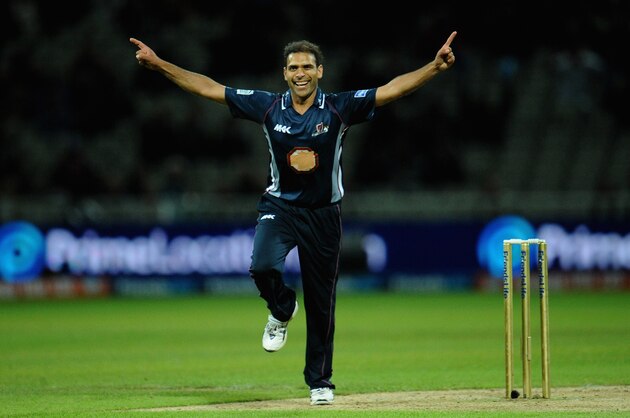 BIRMINGHAM, ENGLAND - AUGUST 17:  Mohammed Azharullah of Northants celebrates taking the wicket of Azhar Mahmood of Surrey during the Friends Life T20 Final match between Surrey Lions v Northants Steelbacks at Edgbaston on August 17, 2013 in Birmingham, England.  (Photo by Christopher Lee/Getty Images)