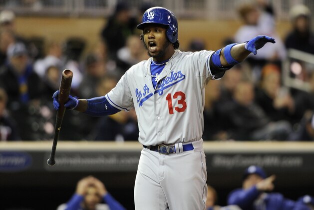 MINNEAPOLIS, MN - MAY 1: Hanley Ramirez #13 of the Los Angeles Dodgers reacts to being called out on strikes against the Minnesota Twins during the eighth inning in game two of a doubleheader on May 1, 2014 at Target Field in Minneapolis, Minnesota. The Dodgers defeated the Twins 4-3 in twelve innings. (Photo by Hannah Foslien/Getty Images)
