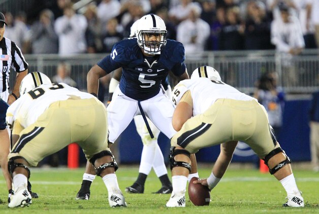 Sep 14, 2013; University Park, PA, USA; Penn State Nittany Lions linebacker Nyeem Wartman (5) during the fourth quarter against the Central Florida Knights at Beaver Stadium. Mandatory Credit: Matthew O'Haren-USA TODAY Sports