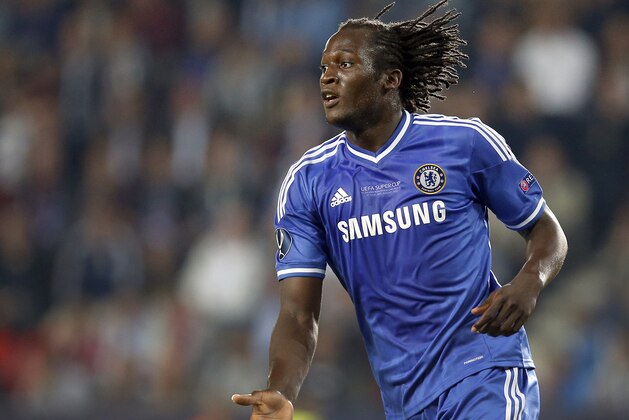 Chelsea's Romelu Lukaku gestures during the soccer Super Cup final between Champions League winner Bayern Munich and Europa League winner Chelsea FC  at the Eden Stadium in Prague Friday, Aug. 30, 2013. (AP Photo/Michael Sohn)