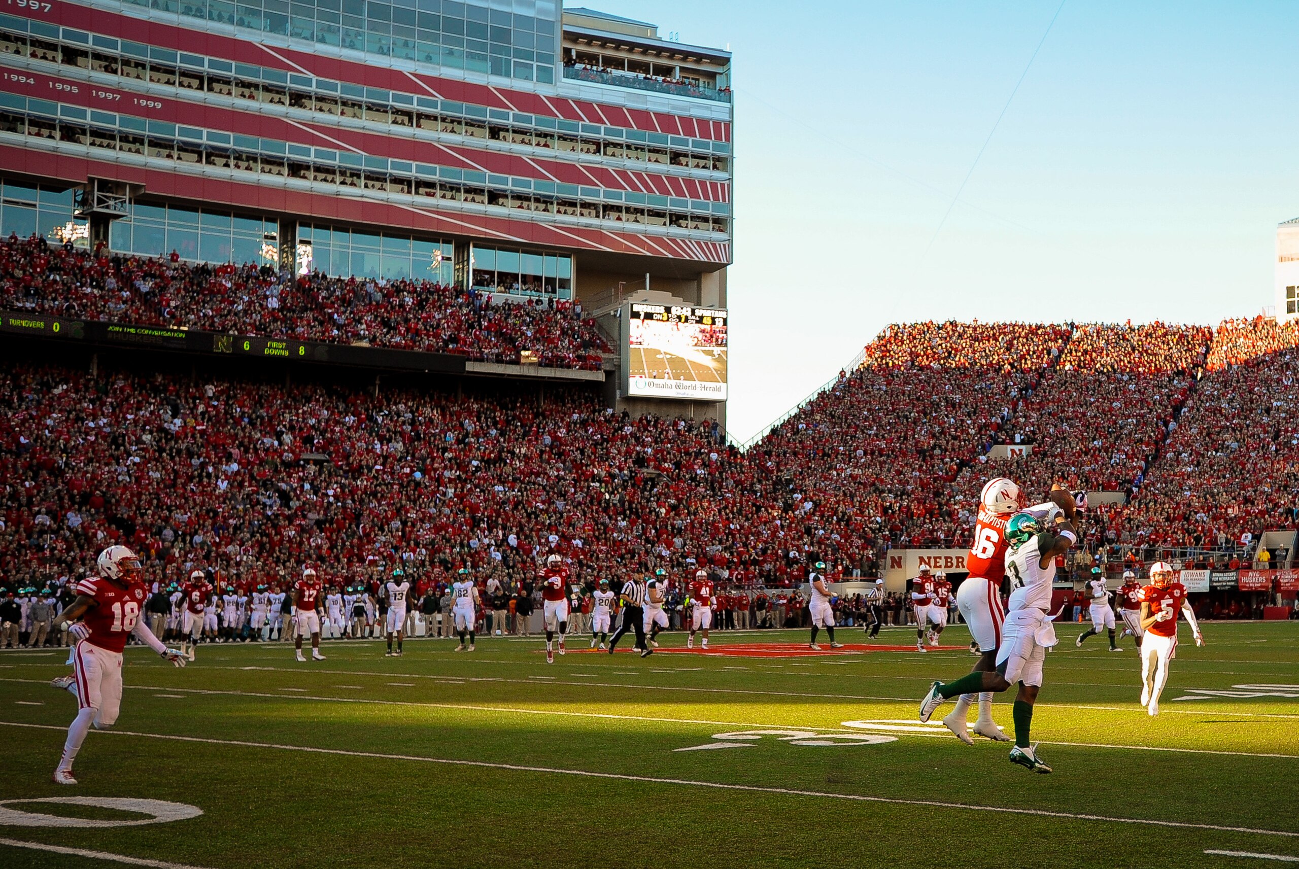 LINCOLN, NE - NOVEMBER 16: Wide receiver Macgarrett Kings Jr. #3 of the Michigan State Spartans and cornerback Stanley Jean-Baptiste #16 of the Nebraska Cornhuskers fight for a ball during their game at Memorial Stadium on November 16, 2013 in Lincoln, Nebraska. (Photo by Eric Francis/Getty Images)