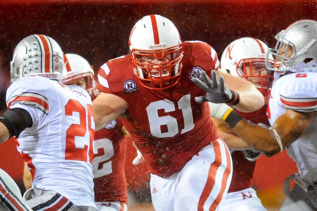 LINCOLN, NE - OCTOBER 8: Offensive tackle Spencer Long of the Nebraska Cornhuskers blocks against the Ohio State Buckeyes during their game at Memorial Stadium October 8, 2011 in Lincoln, Nebraska. Nebraska Defeated Ohio State 34-27. (Photo by Eric Francis/Getty Images)
