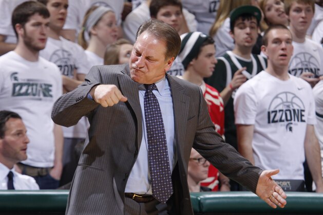 Michigan State coach Tom Izzo reacts during the second half of an NCAA college basketball game against Penn State, Thursday, Feb. 6, 2014, in East Lansing, Mich. Michigan State won 82-67. (AP Photo/Al Goldis)