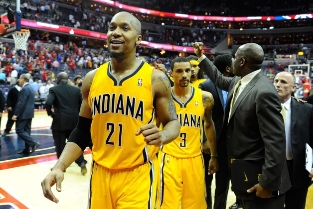 May 11, 2014; Washington, DC, USA; Indiana Pacers power forward David West (21) and Indiana Pacers point guard George Hill (3) react after the game against the Washington Wizards in game four of the second round of the 2014 NBA Playoffs at Verizon Center. The Pacers won 95-92. Mandatory Credit: Brad Mills-USA TODAY Sports