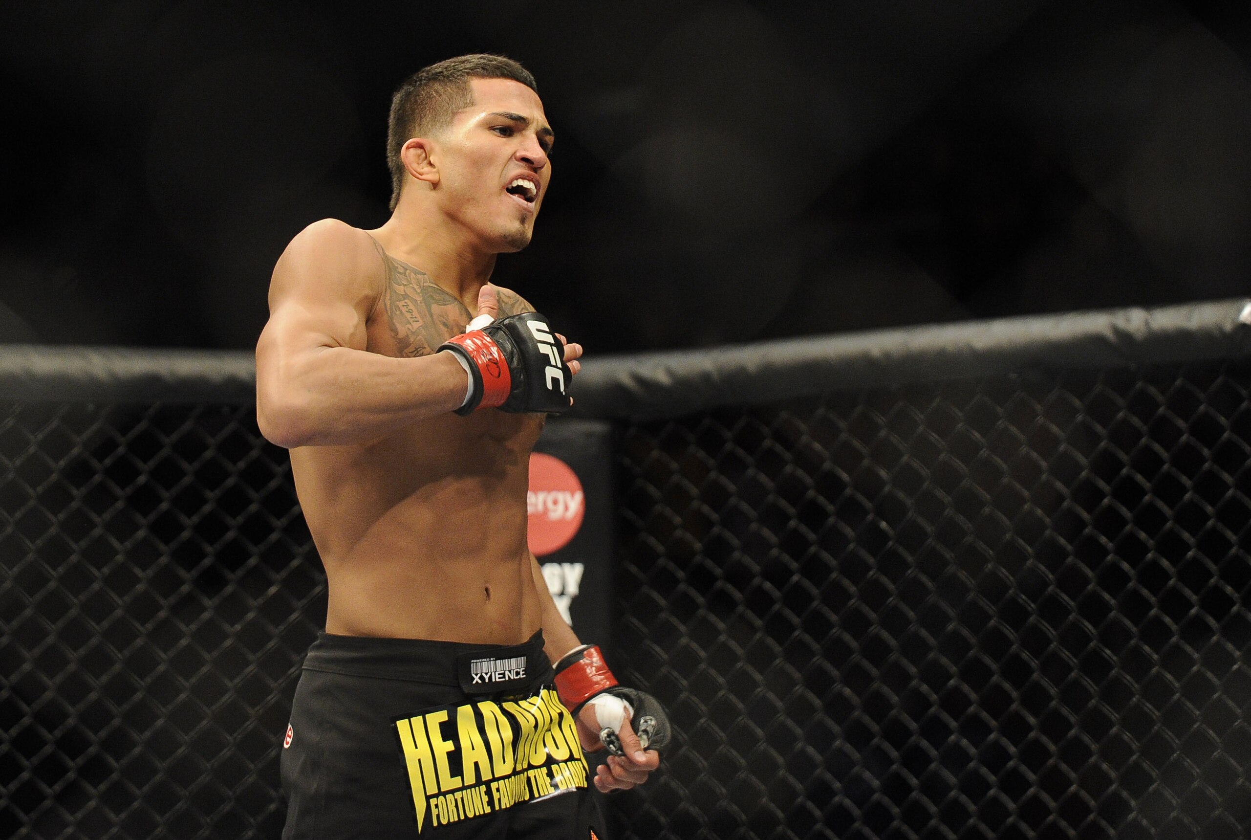 Jan 26, 2013; Chicago, IL, USA;  Anthony Pettis celebrates after defeating Donald Cerrone (not pictured) during UFC on FOX 6 at the United Center.  Mandatory Credit: David Banks-USA TODAY Sports