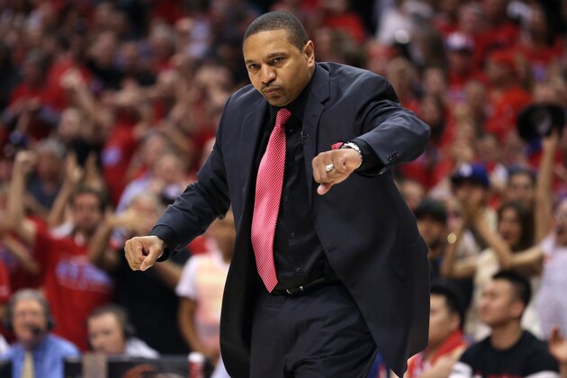 LOS ANGELES, CA - MAY 03:  Head coach Mark Jackson of the Golden State Warriors gestures as he complains to a referee in the game with the Los Angeles Clippers in Game Seven of the Western Conference Quarterfinals during the 2014 NBA Playoffs at Staples Center on May 3, 2014 in Los Angeles, California. The Clippers won 126-121 to win the series four games to three.  NOTE TO USER: User expressly acknowledges and agrees that, by downloading and or using this photograph, User is consenting to the terms and conditions of the Getty Images License Agreement.  (Photo by Stephen Dunn/Getty Images)