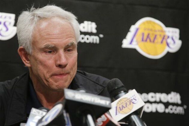 Los Angeles Lakers general manager Mitch Kupchak talks during a news conference in El Segundo, Calif., Tuesday, Feb. 19, 2013, about the death of team owner Jerry Buss. Buss died in Los Angeles on Monday. (AP Photo/Chris Carlson)