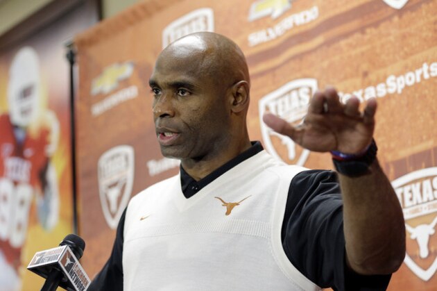 New Texas football coach Charlie Strong talks about his recruiting class during an NCAA college football news conference on Wednesday, Feb. 5, 2014, in Austin, Texas. (AP Photo/Eric Gay)