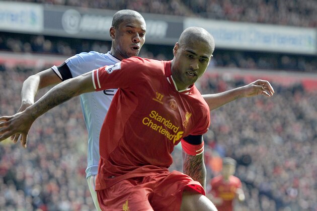 Liverpool's Glen Johnson in action during their English Premier League soccer match against Manchester City at Anfield in Liverpool, England, Sunday April. 13, 2014. (AP Photo/Clint Hughes)