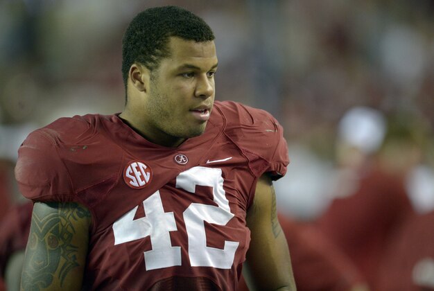 Sep 21, 2013; Tuscaloosa, AL, USA; Alabama Crimson Tide linebacker Adrian Hubbard (42) on the sidelines against the Colorado State Rams at Bryant-Denny Stadium. Alabama defeated Colorado State 31-6. Mandatory Credit: John David Mercer-USA TODAY Sports