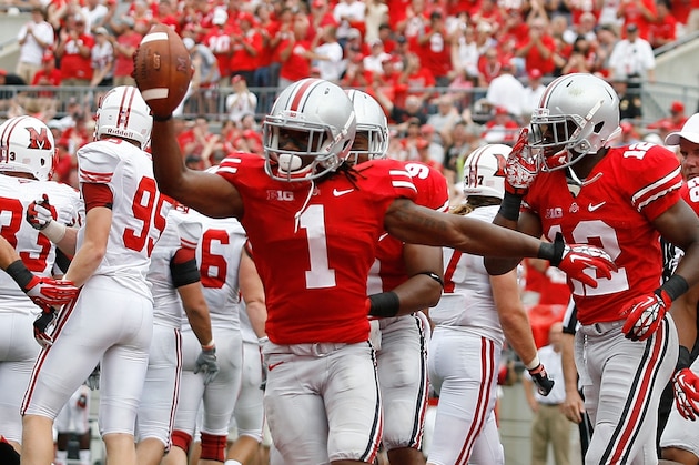 COLUMBUS, OH - SEPTEMBER 1:  Bradley Roby #1 of the Ohio State Buckeyes celebrates scoring a touchdown after Zac Murphy #45 of the Miami Redhawks fumbled a punt during the third quarter on September 1, 2012 at Ohio Stadium in Columbus, Ohio. Ohio State defeated Miami 56-10. (Photo by Kirk Irwin/Getty Images)