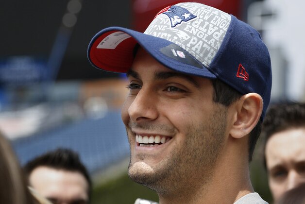 New England Patriots NFL rookie football quarterback Jimmy Garoppolo speaks with members of the media on the field at Gillette Stadium, in Foxborough, Mass., Tuesday, May 13, 2014. (AP Photo/Steven Senne) New England Patriots NFL rookie football quarterback Jimmy Garoppolo speaks with members of the media on the field at Gillette Stadium, in Foxborough, Mass., Tuesday, May 13, 2014. (AP Photo/Steven Senne)