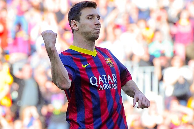 BARCELONA, SPAIN - APRIL 05:  Lionel Messi of FC Barcelona celebrates after scoring the opening goal during the La Liga match between FC Barcelona and Real Betis Balompie at Camp Nou on April 5, 2014 in Barcelona, Spain.  (Photo by David Ramos/Getty Images)