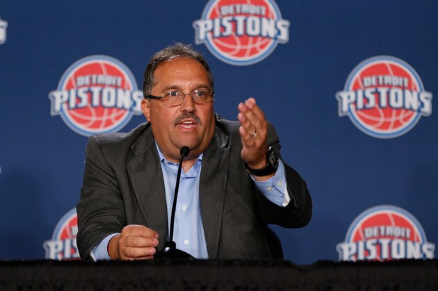 AUBURN HILLS, MI - MAY 15: Detroit Pistons head coach and President of Basketball Operations Stan Van Gundy talks during his introductory press conference at the Palace of Auburn Hills on May 15, 2014 in Auburn Hills, Michigan. NOTE TO USER: User expressly acknowledges and agrees that, by downloading and or using this photograph, User is consenting to the terms and conditions of the Getty Images License Agreement.  (Photo by Gregory Shamus/Getty Images)