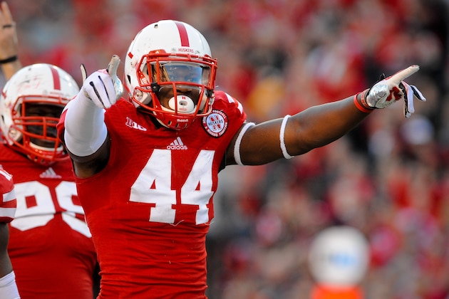 LINCOLN, NE - NOVEMBER 16: Defensive end Randy Gregory #44 of the Nebraska Cornhuskers reacts after a tackle during their game at against the Michigan State Spartans Memorial Stadium on November 16, 2013 in Lincoln, Nebraska. (Photo by Eric Francis/Getty Images)