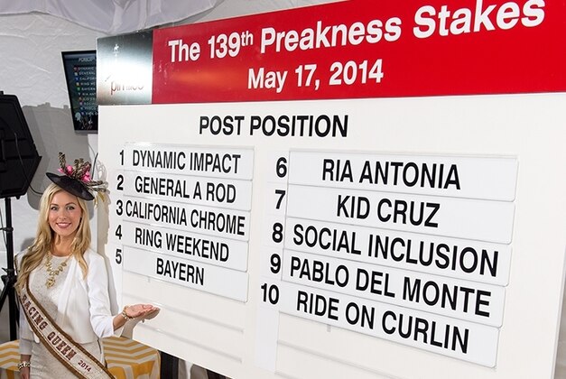 Ms Racing Queen Linsey Toole shows the board with post positions drawn Wednesday May 14, 2014,  in Baltimore, Md.,  for the Preakness Stakes.  Kentucky Derby winner California Chrome is in post position No. 3 for the 139th Preakness Stakes on Saturday, May 17.   (AP Photo/Jerry Dzierwinski)