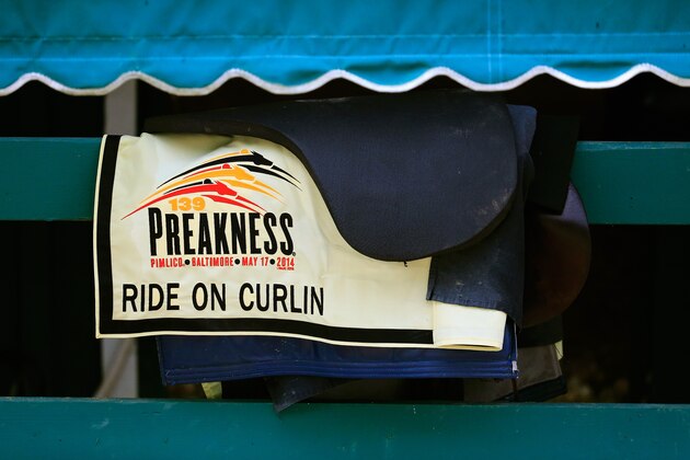 BALTIMORE, MD - MAY 13: The saddle blanket used by Ride On Curlin sits in the barn following a morning workout in preparation for the 139th Preakness Stakes at Pimlico Race Course on May 13, 2014 in Baltimore, Maryland.  (Photo by Rob Carr/Getty Images)
