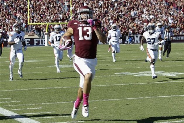 Texas A&M wide receiver Mike Evans (13) runs a 64-yard touchdown against Auburn in the first half during an NCAA college football game Saturday, Oct. 19, 2013, in College Station, Texas. (AP Photo/Bob Levey)