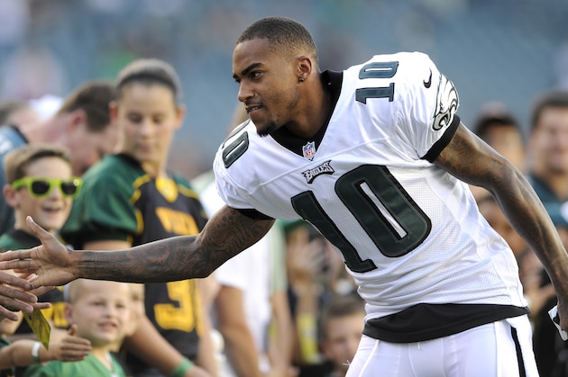 Philadelphia Eagles' DeSean Jackson greets fans before a preseason NFL football game against the Carolina Panthers, Thursday, Aug. 15, 2013, in Philadelphia. (AP Photo/Michael Perez)