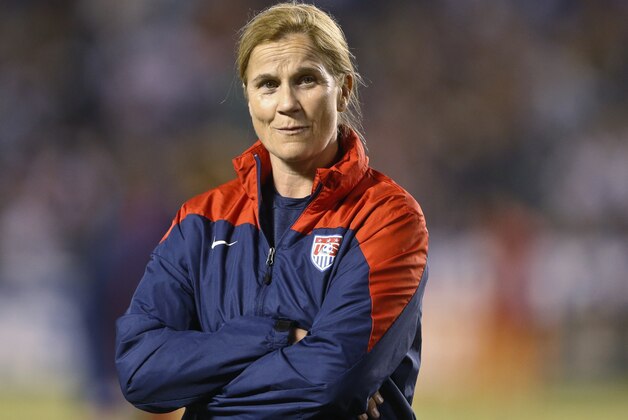 Jill Ellis, in interim coach of the U.S. women's soccer team, watches her squad prepare for an international friendly against China on Thursday, April 10, 2014, in San Diego. (AP Photo/Lenny Ignelzi)