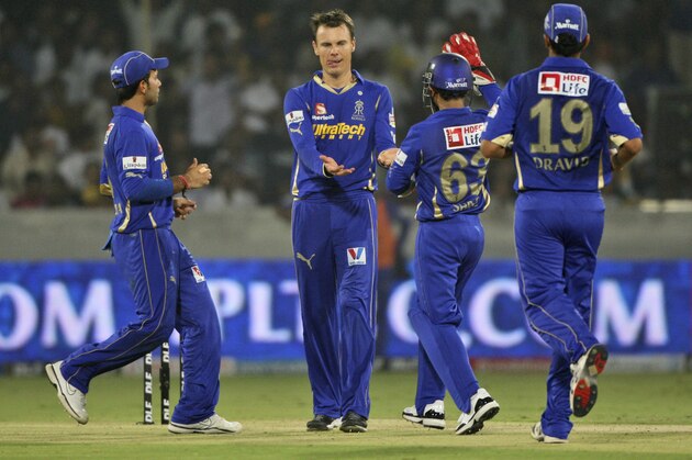 Rajasthan Royals' bowler Johan Botha, second left, celebrates with teammates the dismissal of Deccan Chargers' Shikhar Dhawan during their Indian Premier League (IPL) cricket match in Hyderabad, India, Friday, May 18, 2012. (AP Photo/Mahesh Kumar A.)