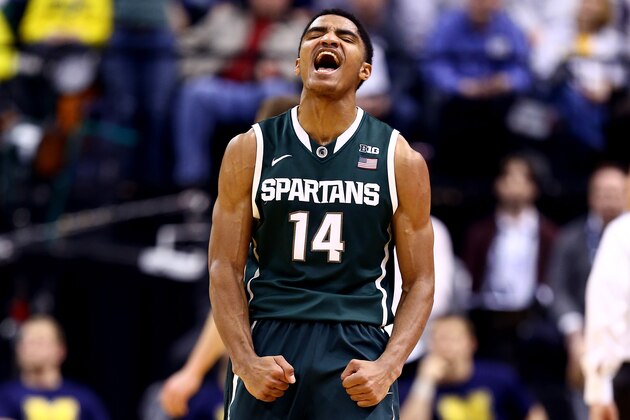 INDIANAPOLIS, IN - MARCH 16: Gary Harris #14 of the Michigan State Spartans reacts against the Michigan Wolverines during the 2014 Big Ten Men's Championship at Bankers Life Fieldhouse on March 16, 2014 in Indianapolis, Indiana.  (Photo by Andy Lyons/Getty Images)