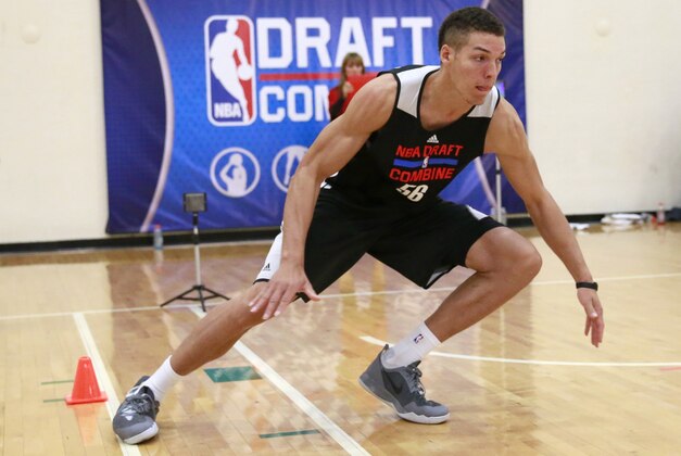 Aaron Gordon, from Arizona, participates in the NBA shuttle run at the 2014 NBA basketball draft combine Friday, May 16, 2014, in Chicago. (AP Photo/Charles Rex Arbogast)