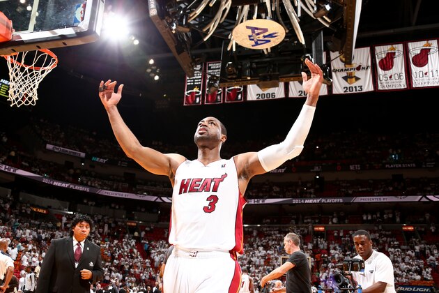 MIAMI, FL - MAY 14: Dwyane Wade #3 of the Miami Heat celebrates during a game against the Brooklyn Nets in Game Five of the Eastern Conference Semifinals of the 2014 NBA playoffs at American Airlines Arena in Miami, Florida on May 14, 2014.  NOTE TO USER: User expressly acknowledges and agrees that, by downloading and or using this photograph, User is consenting to the terms and conditions of the Getty Images License Agreement. Mandatory Copyright Notice: Copyright 2014 NBAE  (Photo by Nathaniel S. Butler/NBAE via Getty Images)