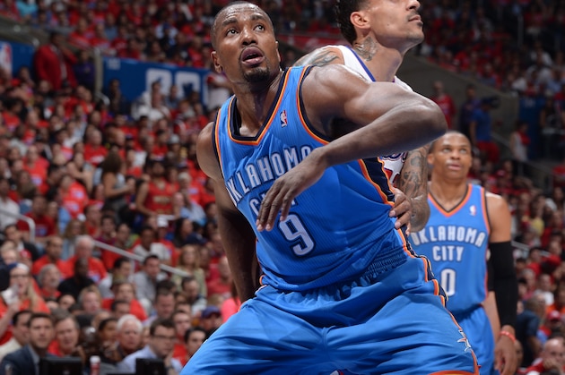 LOS ANGELES, CA - MAY 15: Serge Ibaka #9 of the Oklahoma City Thunder battles for position against the Los Angeles Clippers in Game Six of the Western Conference Semifinals during the 2014 NBA Playoffs at Staples Center on May 15, 2014 in Los Angeles, California. NOTE TO USER: User expressly acknowledges and agrees that, by downloading and/or using this Photograph, user is consenting to the terms and conditions of the Getty Images License Agreement. Mandatory Copyright Notice: Copyright 2014 NBAE (Photo by Andrew D. Bernstein/NBAE via Getty Images)