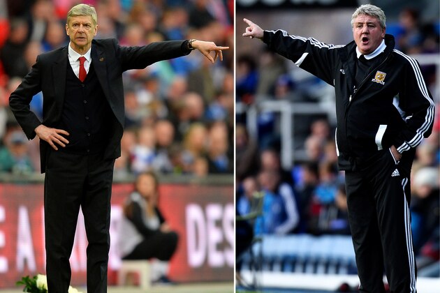 FILE PHOTO - EDITORS NOTE: COMPOSITE OF TWO IMAGES - Image Numbers 484396221 (L) and 156583195) In this composite image a comparison has been made between Arsene Wenger Manager of Arsenal and Steve Bruce manager of Hull City.Arsenal and Hull City meet in the FA Cup Final on May 17,2014 at Wembley Stadium, London,England. ***LEFT IMAGE*** LONDON, ENGLAND - APRIL 12: Arsene Wenger, manager of Arsenal signals during the FA Cup Semi-Final match between Wigan Athletic and Arsenal at Wembley Stadium on April 12, 2014 in London, England. (Photo by Mike Hewitt/Getty Images ***RIGHT IMAGE*** BIRMINGHAM, ENGLAND - NOVEMBER 17: Hull manager Steve Bruce shouts instructions during the npower Championship match between Birmingham City and Hull City at St. Andrews on November 17, 2012 in Birmingham, England. (Photo by Ben Hoskins/Getty Images)