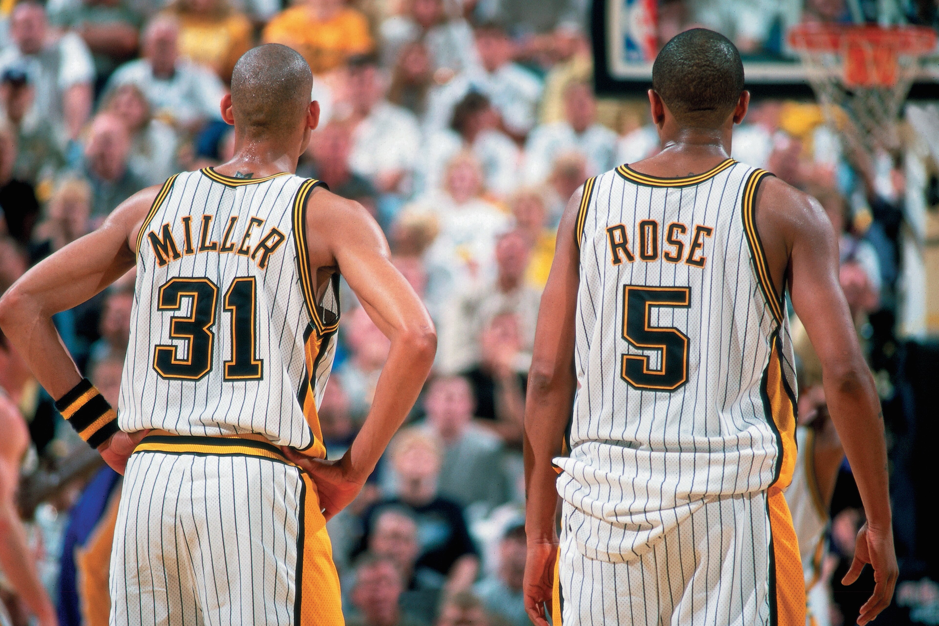 INDIANAPOLIS - JUNE 11:  Reggie Miller #31 and Jalen Rose #5 of the Indiana Pacers against the Los Angeles Lakers during Game Three of the 2000 NBA Finals on June 11, 2000 at Conseco Field House in Indianapolis, Indiana.  NOTE TO USER: User expressly acknowledges that, by downloading and or using this photograph, User is consenting to the terms and conditions of the Getty Images License agreement. Mandatory Copyright Notice: Copyright 2000 NBAE (Photo by Nathaniel S. Butler/NBAE via Getty Images)