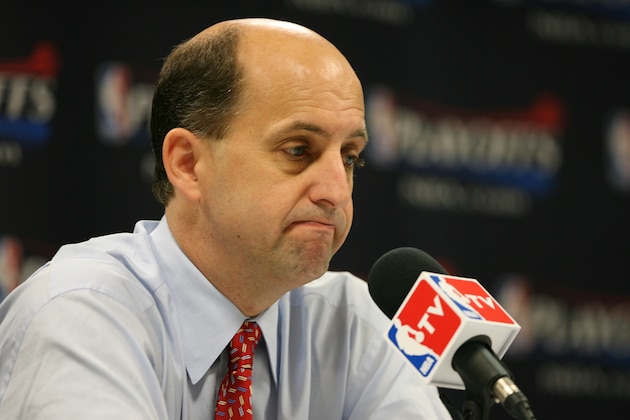 SALT LAKE CITY - MAY 3:  Houston Rockets head coach Jeff Van Gundy gives a post game interview after losing against the Utah Jazz in Game 6 of the Western Conference Quarterfinals during the 2007 NBA Playoffs at EnergySolutions Arena on May 3, 2007 in Salt Lake City, Utah.  NOTICE TO USER: User expressly acknowledges and agrees that, by downloading and or using this Photograph, user is consenting to the terms and conditions of the Getty Images License Agreement.   Mandatory Copyright Note: Copyright 2007 NBAE (Photo by Melissa Majchrzak/NBAE via Getty Images)