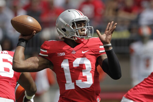 Ohio State quarterback Kenny Guiton looks for a receiver against Florida A&M during an NCAA college football game Saturday, Sept. 21, 2013, in Columbus, Ohio. (AP Photo/Jay LaPrete)