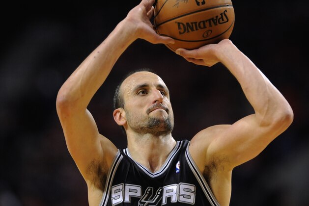 San Antonio Spurs' Manu Ginobili shoots against the Portland Trail Blazers during  game three of an NBA basketball second-round playoff series game in Portland, Ore., Saturday May 10, 2014. (AP Photo/Greg Wahl-Stephens)