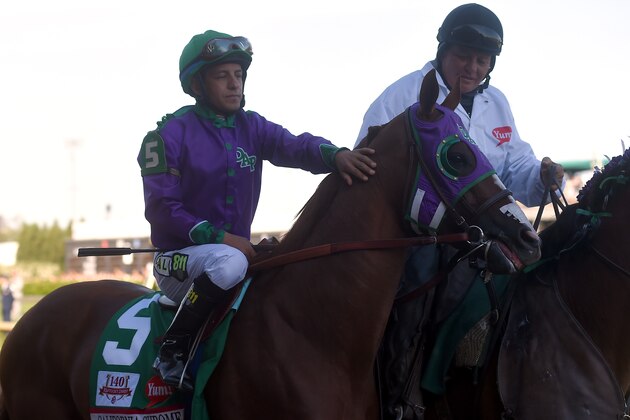 LOUISVILLE, KY - MAY 03:  California Chrome #5, ridden by Victor Espinoza, takes part in the post parade prior the 140th running of the Kentucky Derby at Churchill Downs on May 3, 2014 in Louisville, Kentucky.  (Photo by Dylan Buell/Getty Images)