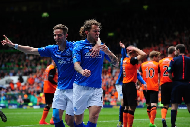 GLASGOW, SCOTLAND - MAY 17 : Steven May of St Johnstone celebrates scoring with his team mate, only to have the goal chopped off for handball during The William Hill Scottish Cup Final between St Johnstone and Dundee United at Celtic Park Stadium on May 17, 2014 in Glasgow Scotland. (Photo by Mark Runnacles/Getty Images)